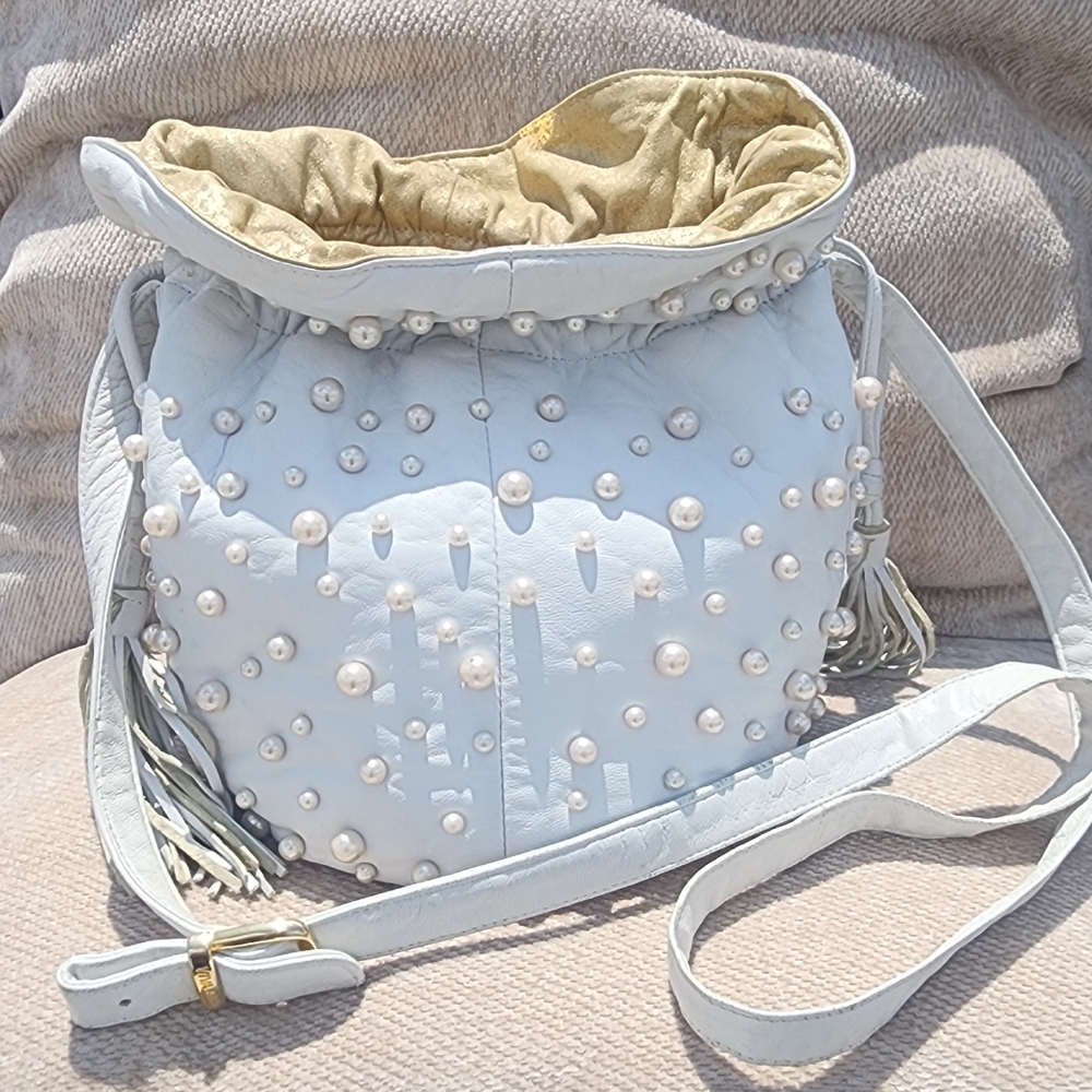 Viva Of California White Leather & Pearl Crossbody Bag